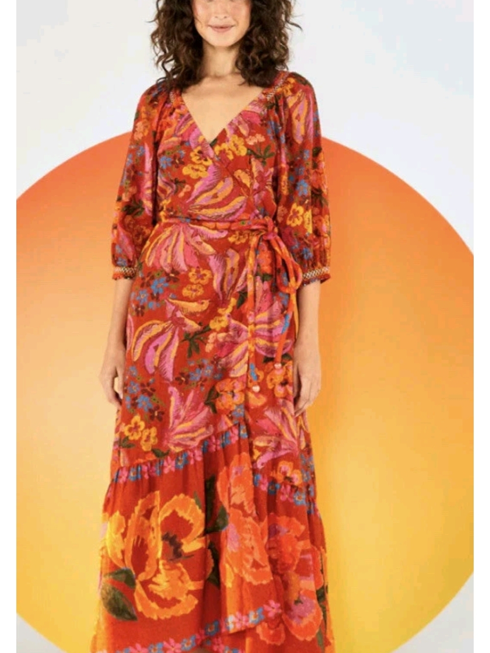 Farm Rio Floral-Print Swiss-Dot Dress Red Spring Bananas L